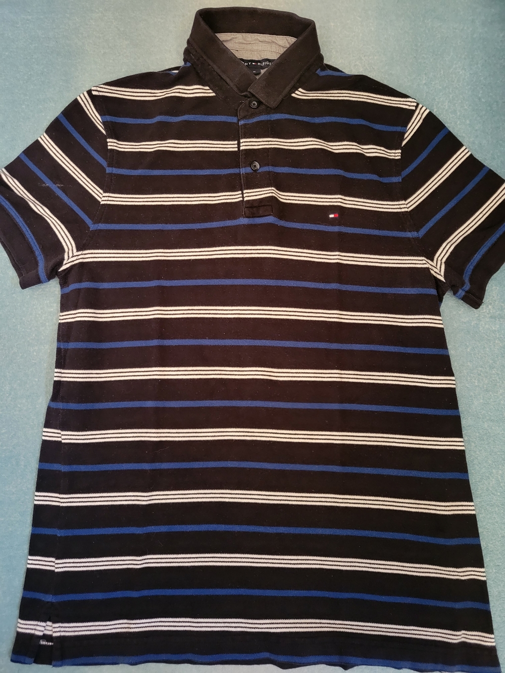Tommy Hilfiger Black Polo with Blue and White Stripes